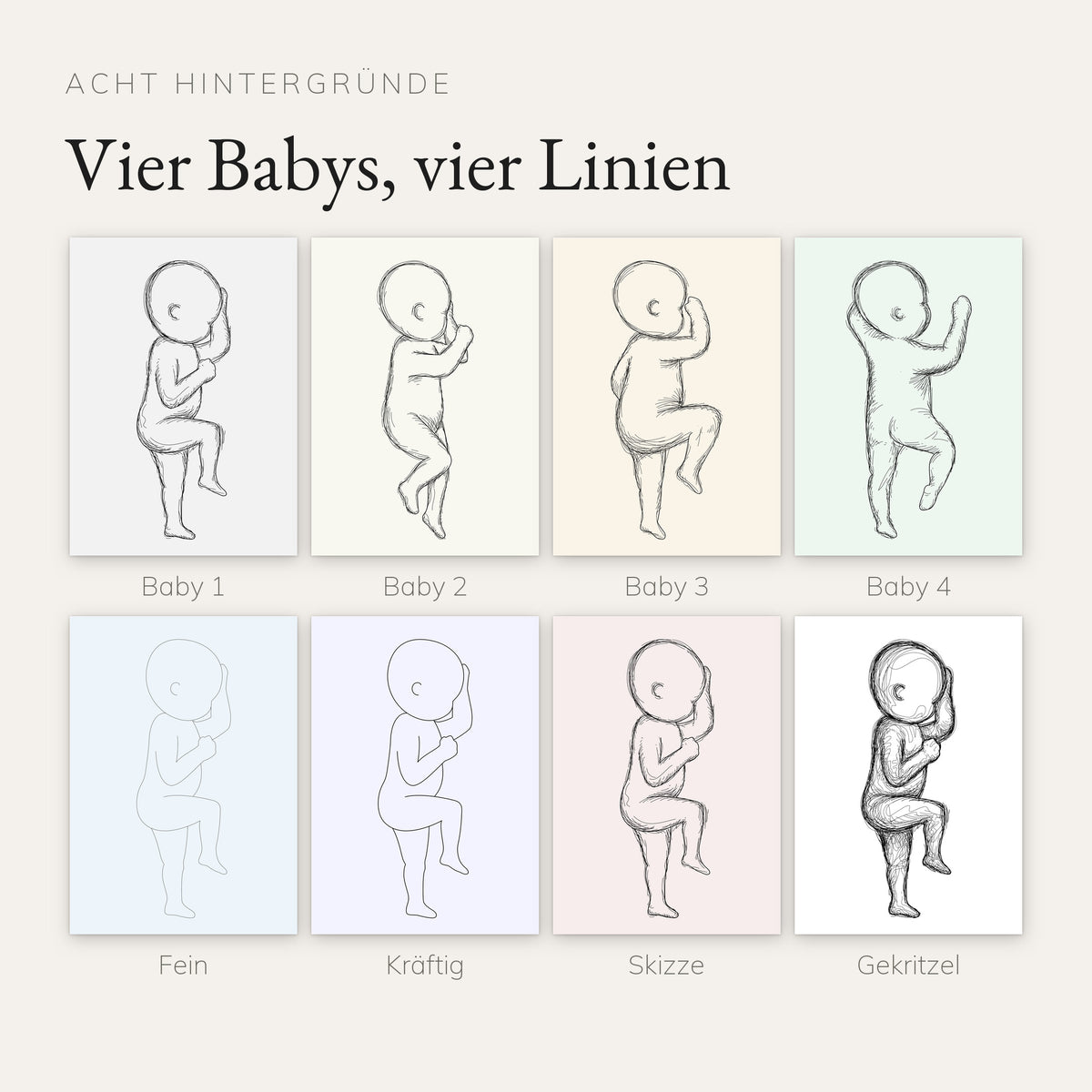 Vier Baby-Zeichnungen und vier Linienstile fein, kräftig, Skizze und Gekritzel auf zarten Hintergründen