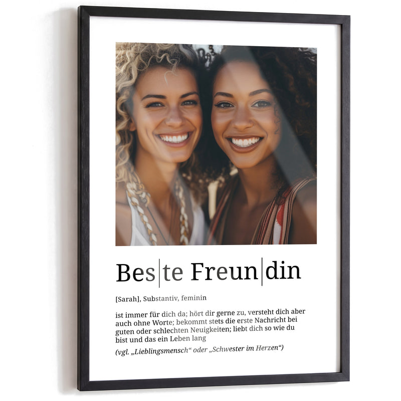 Beste Freundin – Poster im schwarzen A3-Echtholzrahmen auf weißem Hintergrund
