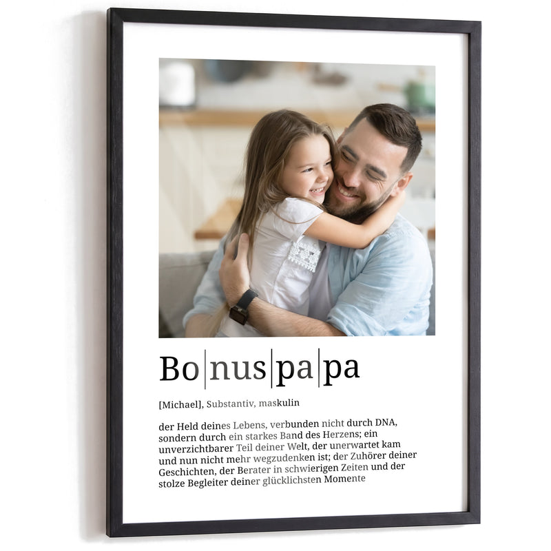 Bonuspapa – Poster im schwarzen A3-Echtholzrahmen auf weißem Hintergrund