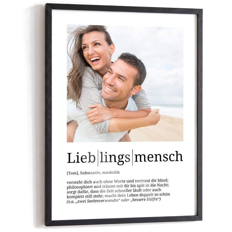 Lieblingsmensch – Poster im schwarzen A3-Echtholzrahmen auf weißem Hintergrund