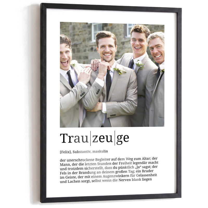 Trauzeuge – Poster im schwarzen A3-Echtholzrahmen auf weißem Hintergrund