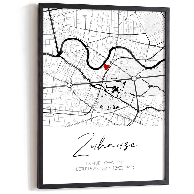 Zuhause – Poster im schwarzen A3-Echtholzrahmen auf weißem Hintergrund
