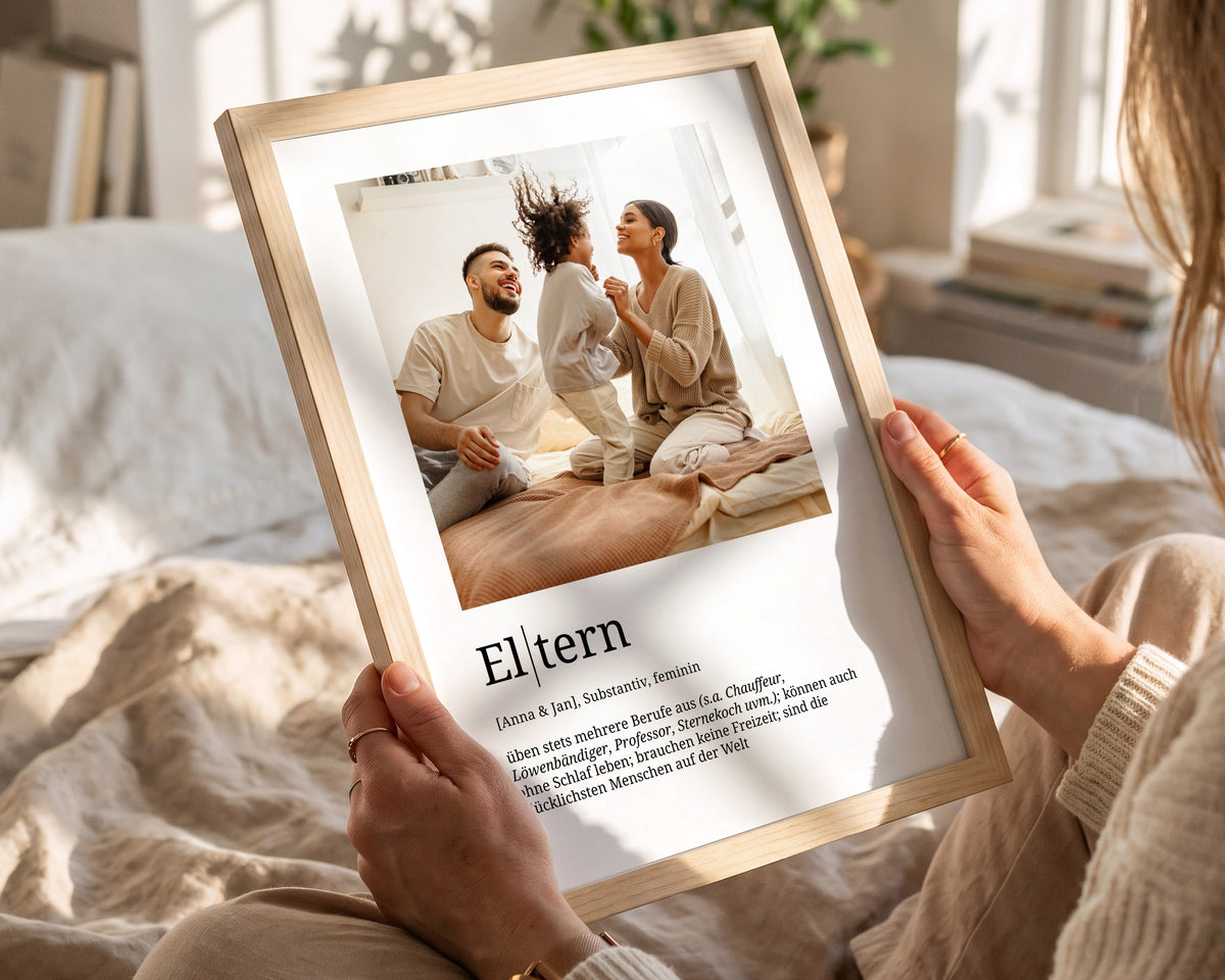 Eltern: Definitionsposter mit Foto in den Händen