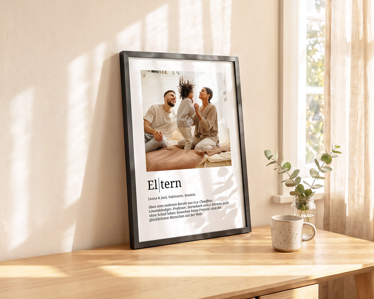 Eltern: Definitionsposter mit eigenem Foto im schwarzen Rahmen