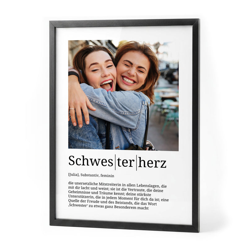 Schwesterherz: Definitionsposter mit eigenem Foto, gerahmt