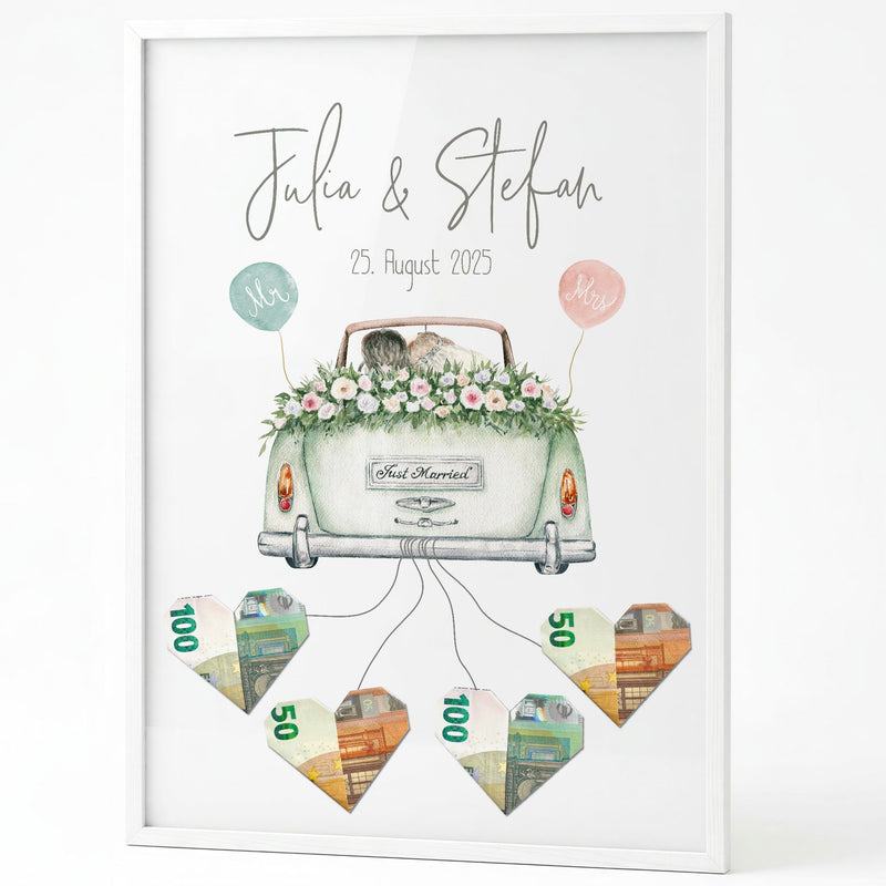 Geldgeschenk-Poster zur Hochzeit mit Brautpaar im geschmückten Hochzeitsauto und Geldherzen im weißen Rahmen auf weißem Grund
