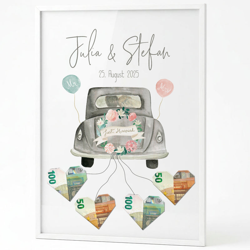 Geldgeschenk-Poster zur Hochzeit mit Brautpaar im grauen Hochzeitsauto und Geldherzen im weißen Rahmen auf weißem Grund