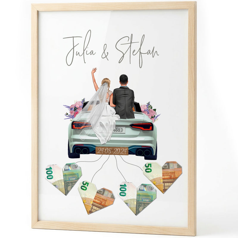 Geldgeschenk-Poster zur Hochzeit mit Brautpaar im modernen Cabrio und Geldherzen im Rahmen auf weißem Grund