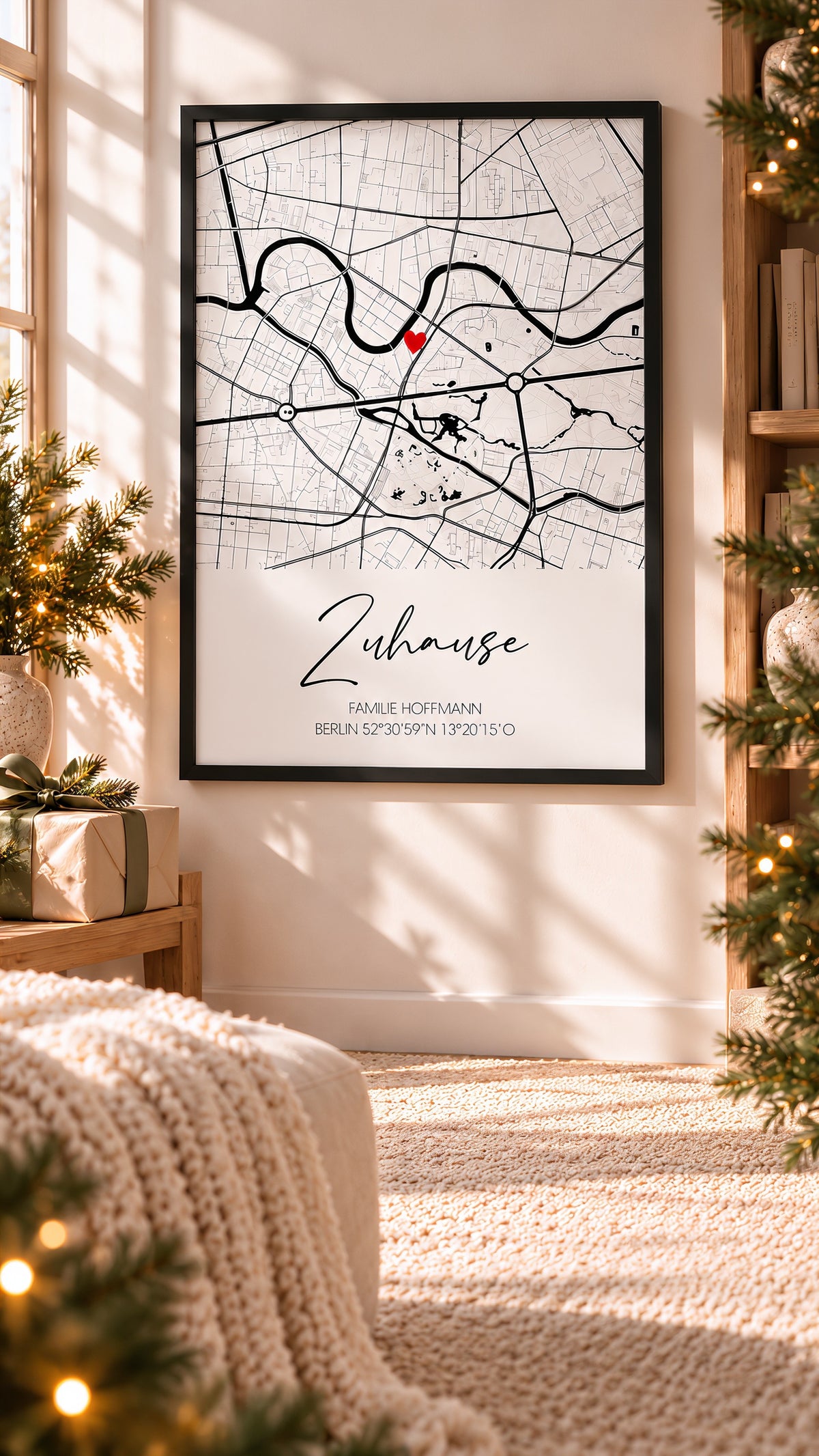 Zuhause-Kartenposter im schwarzen Rahmen, weihnachtlich inszeniert