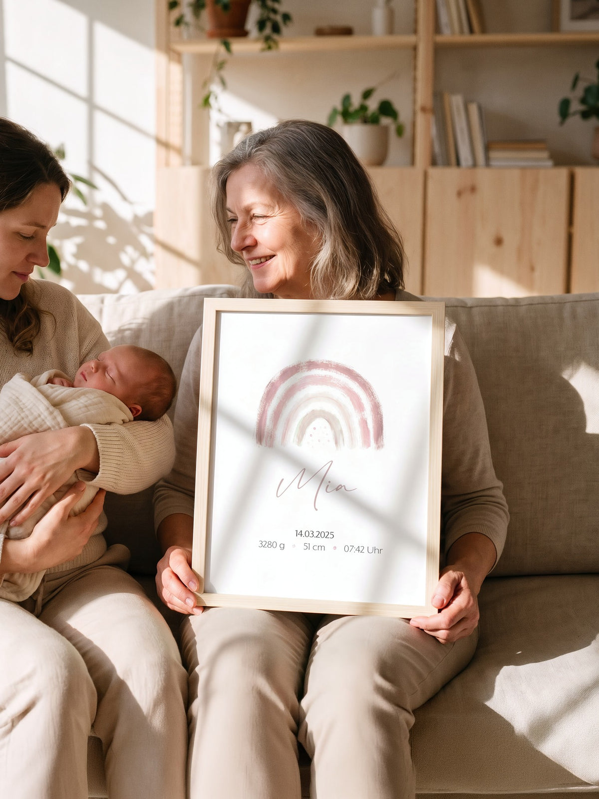 Oma hält das gerahmte Geburtsposter mit Regenbogen auf den Knien, neben ihr die junge Mutter mit dem Neugeborenen