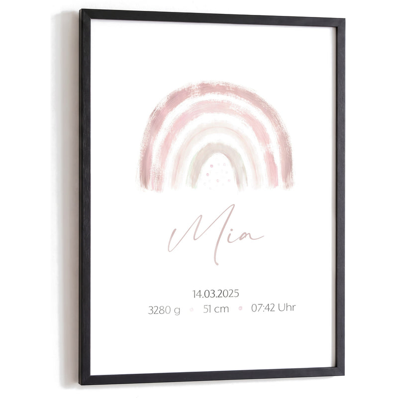 Personalisiertes Geburtsposter mit rosa Regenbogen in Aquarell, Name und Geburtsdaten im schwarzen Holzrahmen