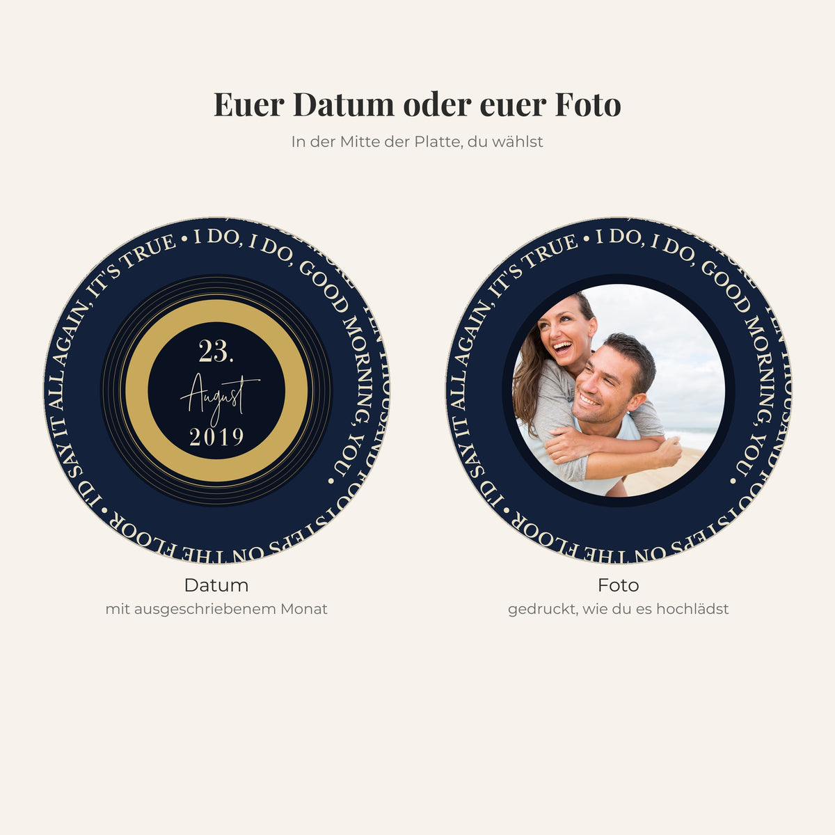 Mitte der Schallplatte wahlweise mit Datum oder mit einem Foto des Paares