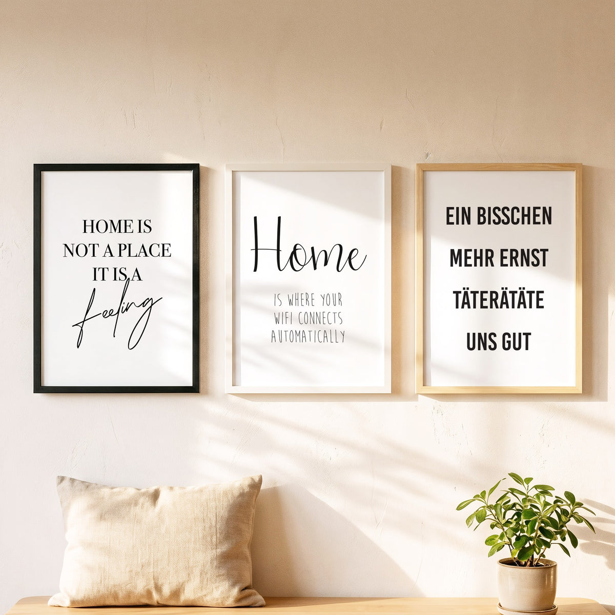 Spruchposter Home is where your wifi connects als Bilderwand mit weiteren Motiven