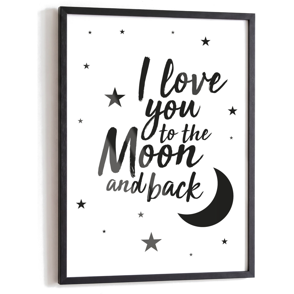 Spruchposter I love you to the moon and back im schwarzen Holzrahmen