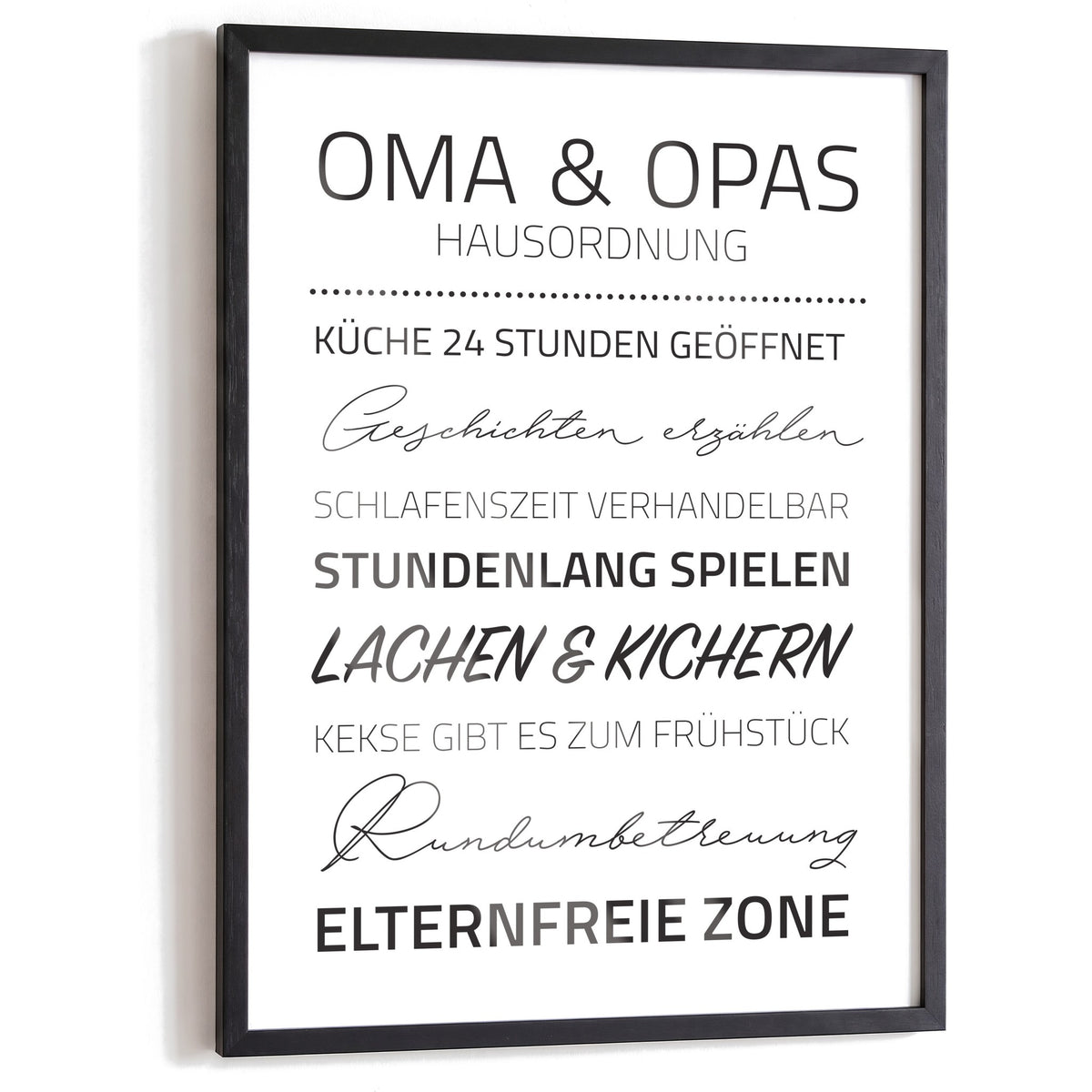 Spruchposter Oma & Opas Hausordnung im schwarzen Holzrahmen