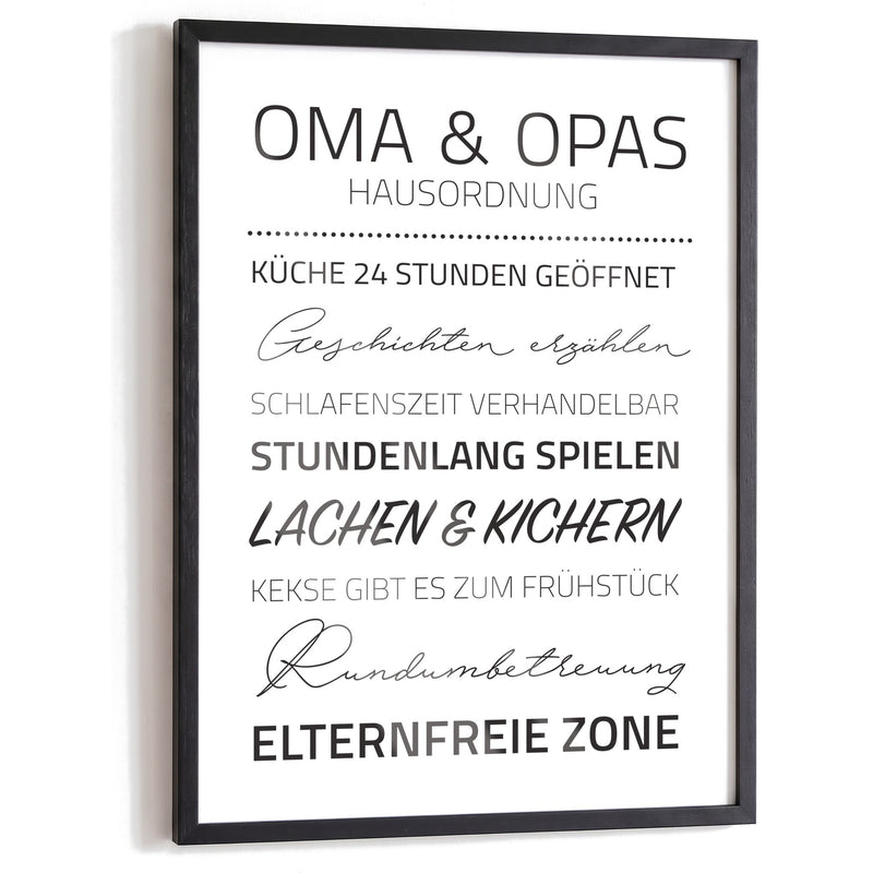 Spruchposter Oma & Opas Hausordnung im schwarzen Holzrahmen