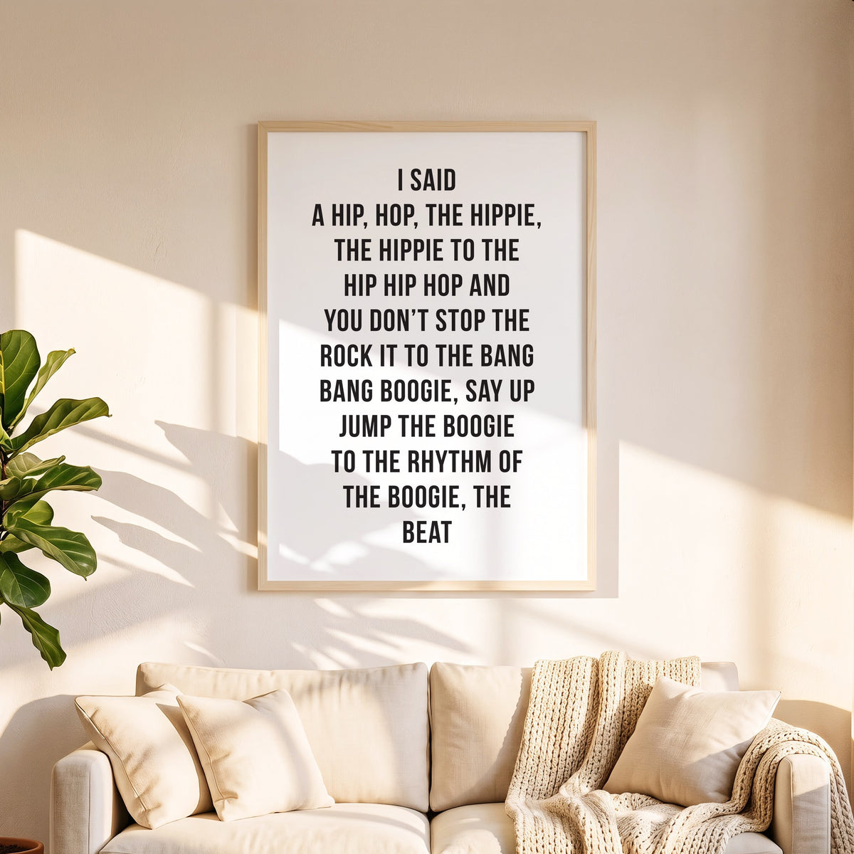Spruchposter Hip Hop in 50 x 70 cm über dem Sofa