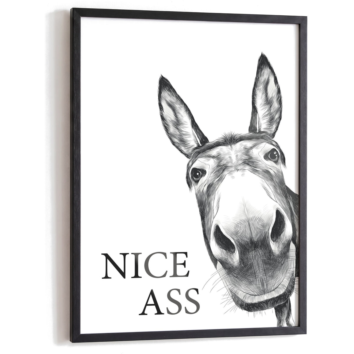 Spruchposter Nice Ass mit Esel im schwarzen Holzrahmen