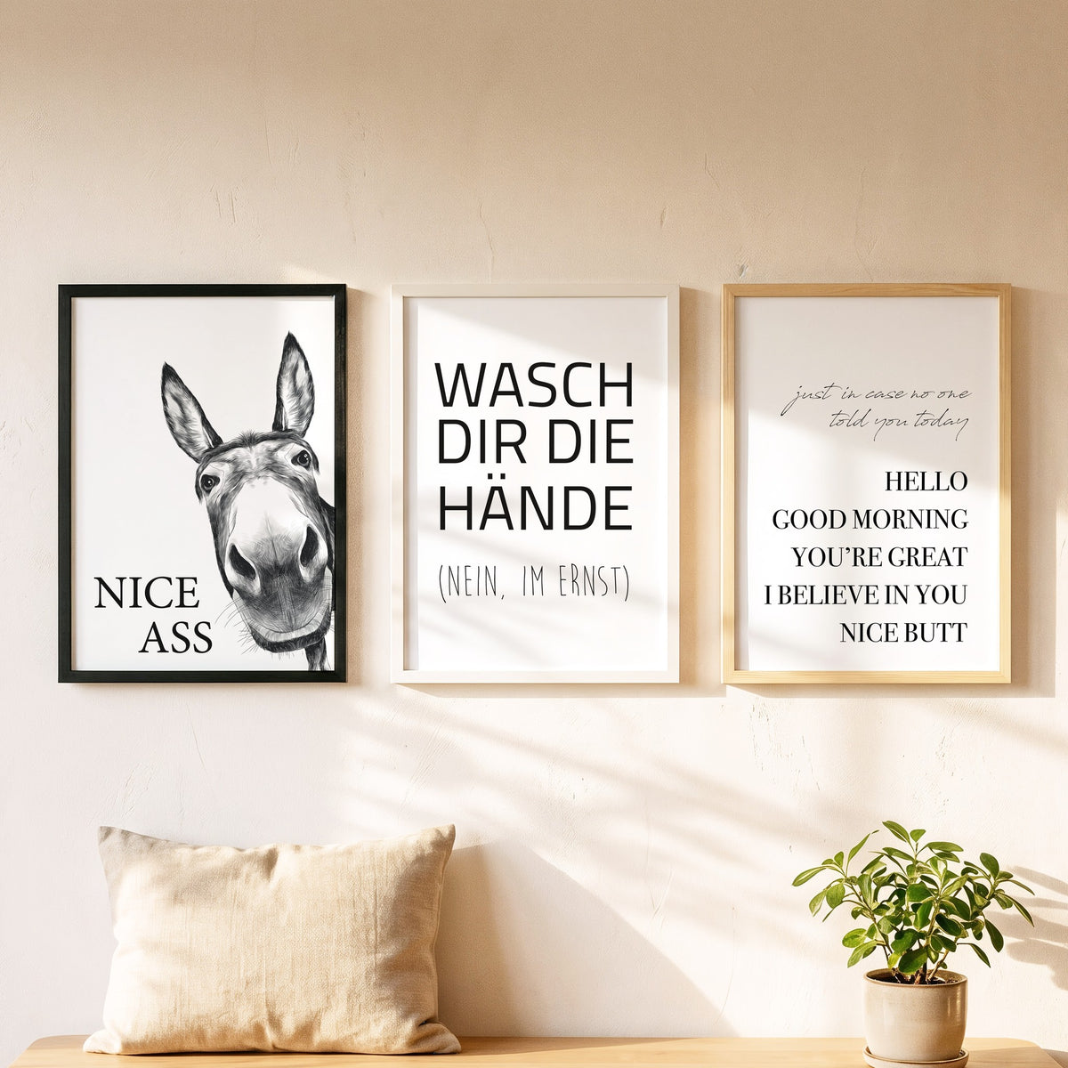 Spruchposter Wasch dir die Hände als Bilderwand mit weiteren Motiven