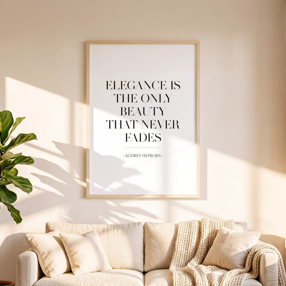 Spruchposter Elegance is the only beauty in 50 x 70 cm über dem Sofa
