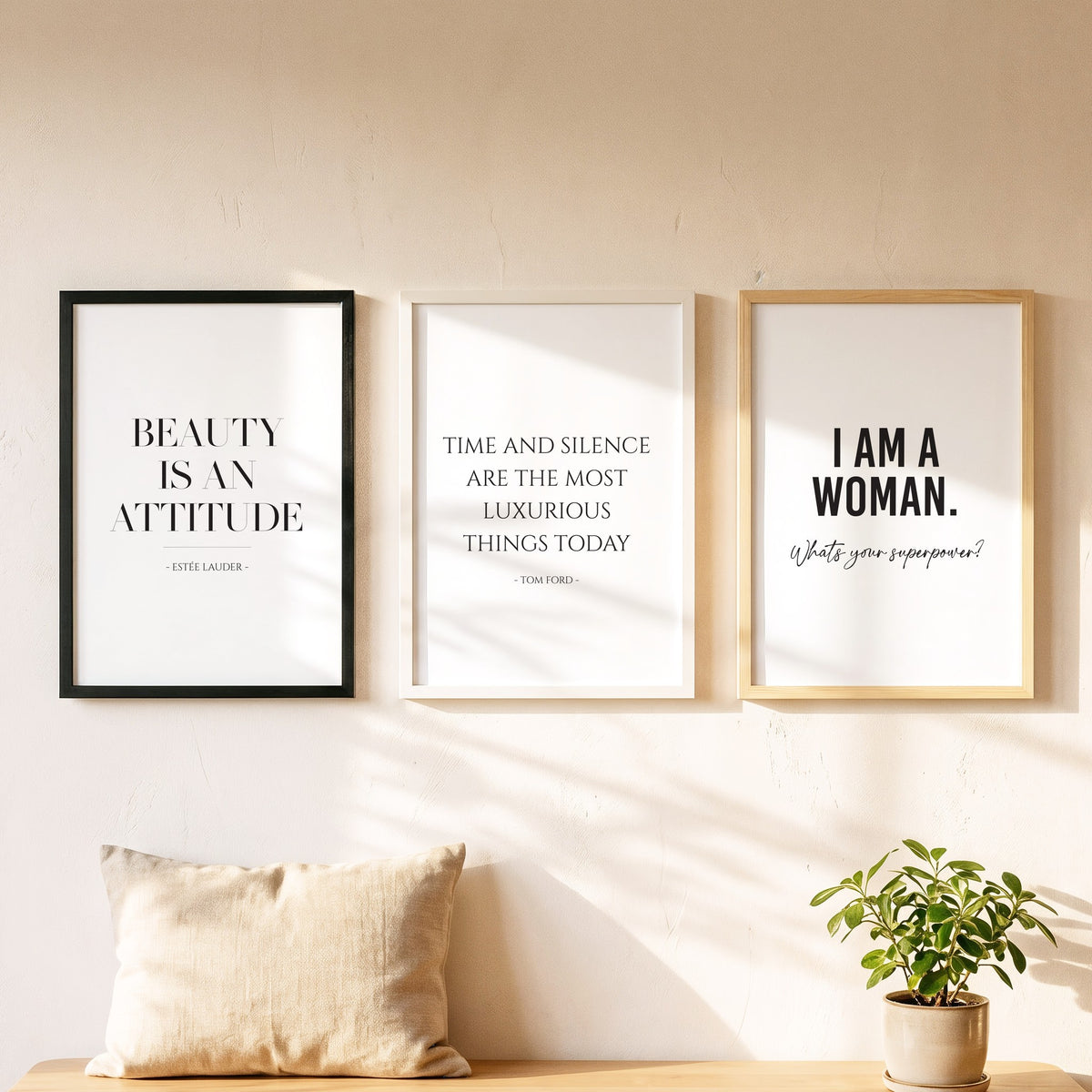 Spruchposter Time and silence als Bilderwand mit weiteren Motiven