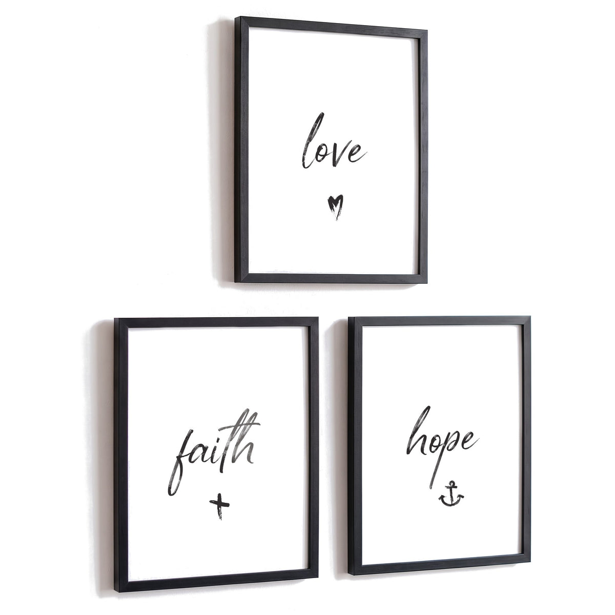 Spruchposter 3er-Set Faith Love Hope in schwarzen Rahmen