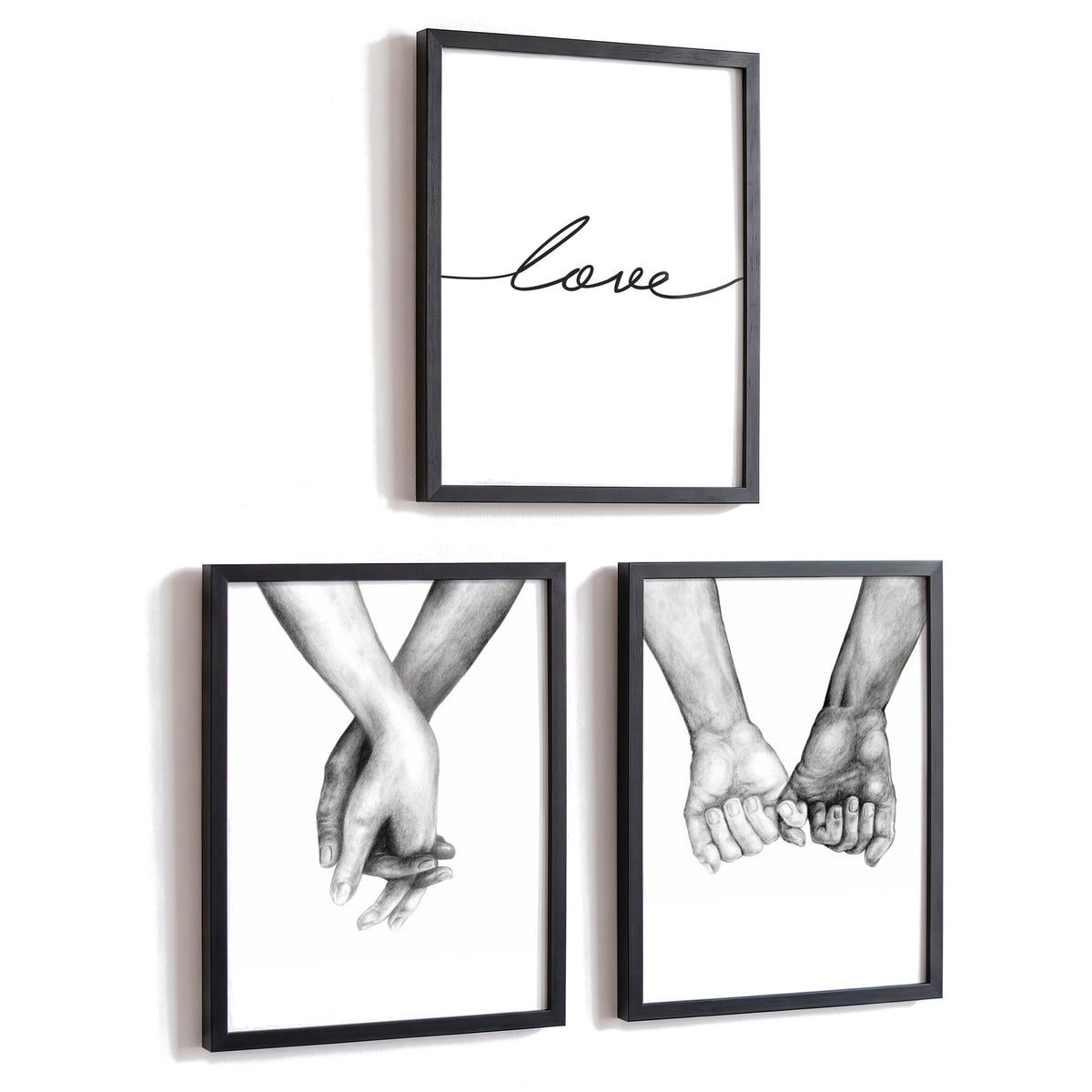 Spruchposter 3er-Set Pencil Love Hands in schwarzen Rahmen