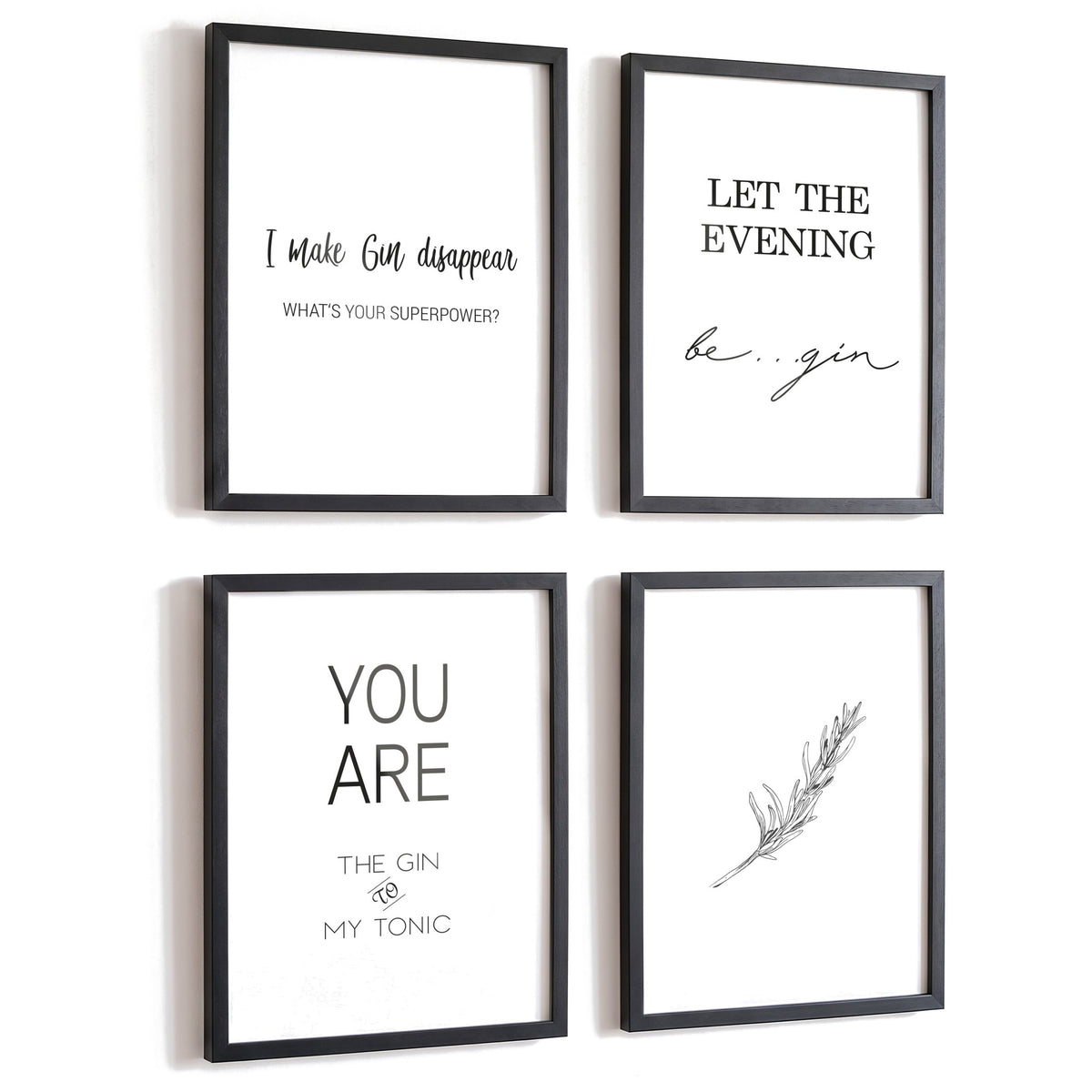 Spruchposter 4er-Set Gin (english) in schwarzen Rahmen