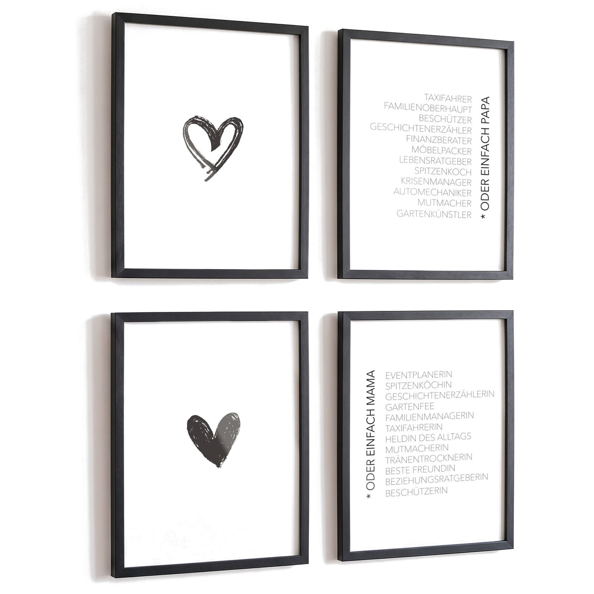 Spruchposter 4er-Set Mama & Papa in schwarzen Rahmen