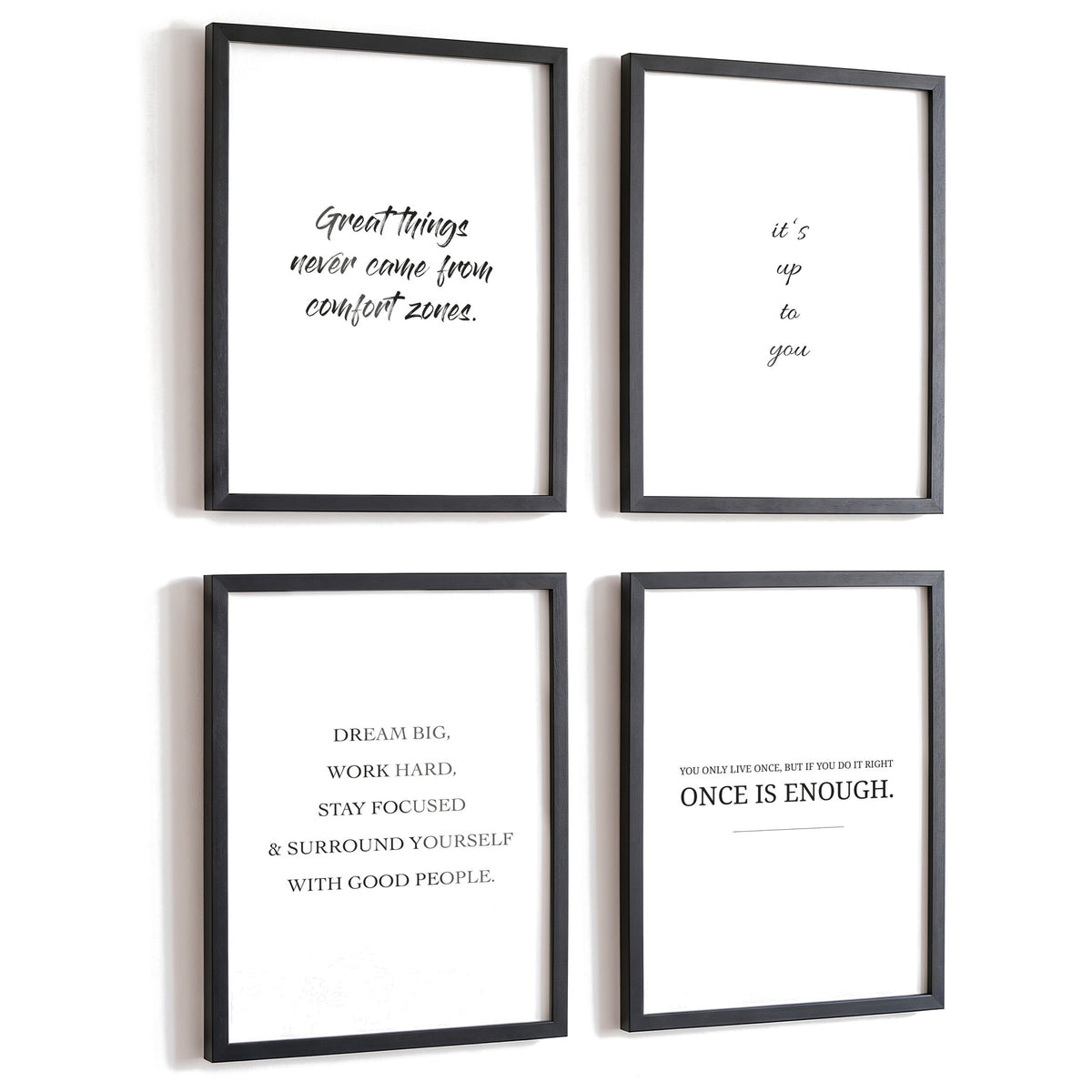 Spruchposter 4er-Set Motivation (english) in schwarzen Rahmen