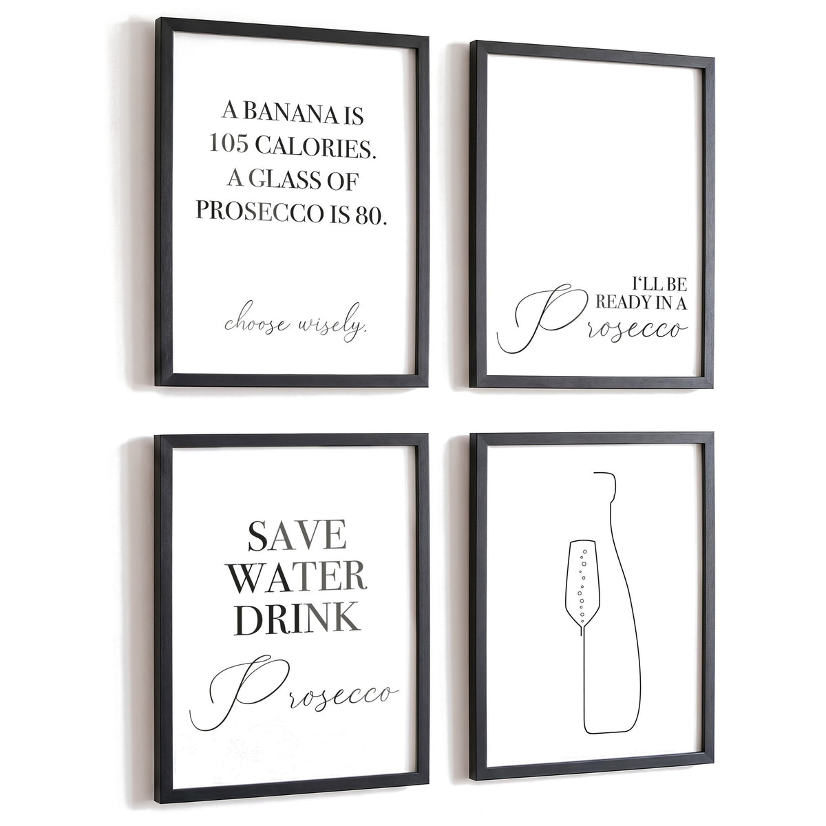 Spruchposter 4er-Set Prosecco (english) in schwarzen Rahmen