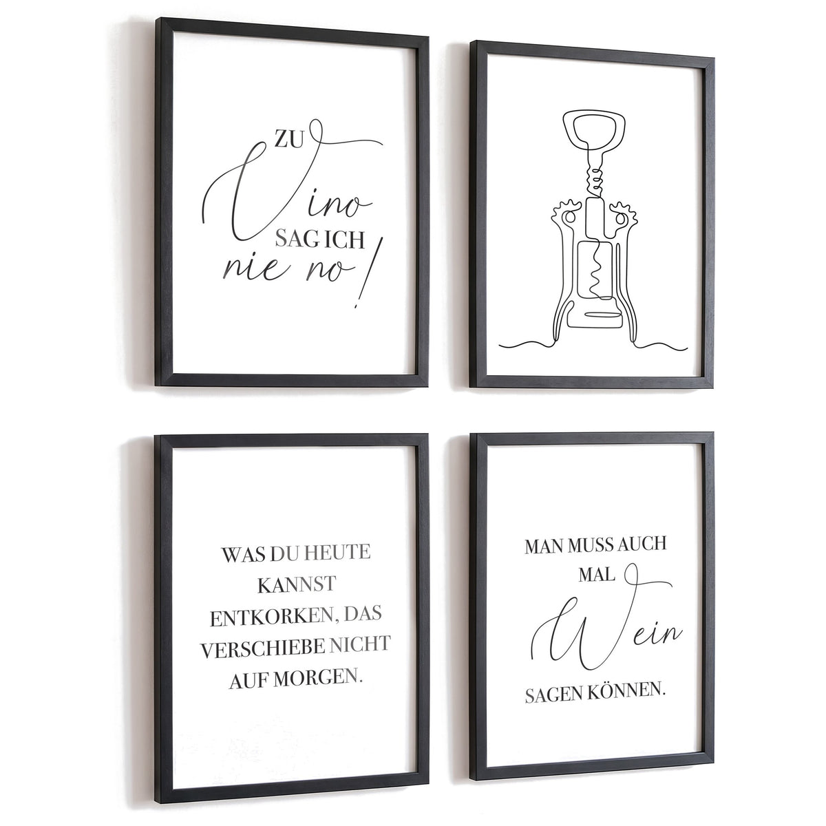 Spruchposter 4er-Set Wein in schwarzen Rahmen
