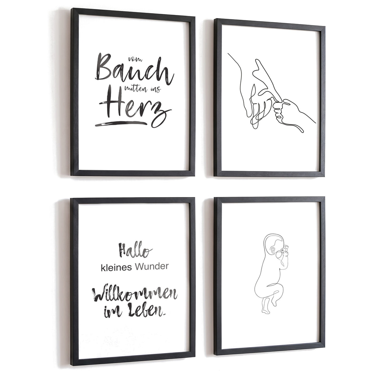 Spruchposter 4er-Set Hallo Baby in schwarzen Rahmen