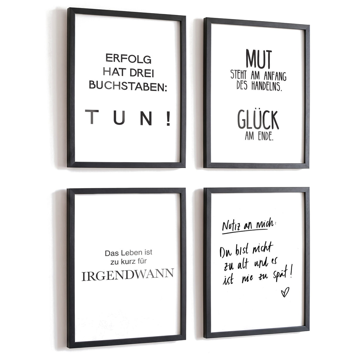 Spruchposter 4er-Set Selbstmotivation in schwarzen Rahmen