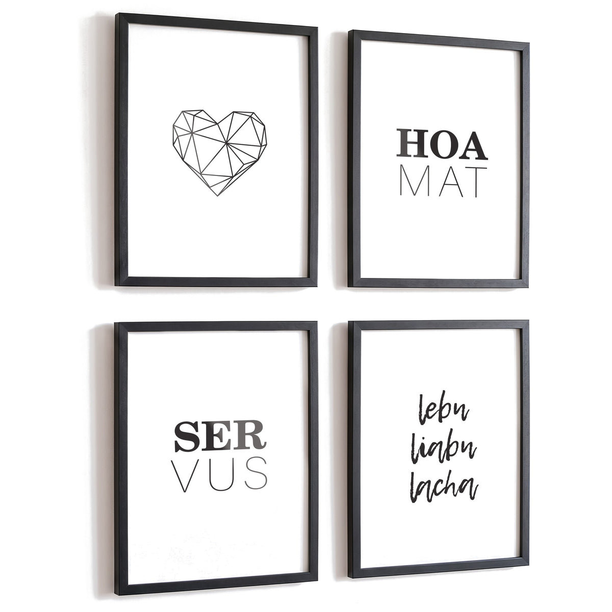 Spruchposter 4er-Set Dahoam in schwarzen Rahmen