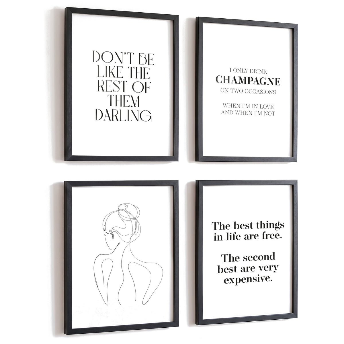 Spruchposter 4er-Set Coco Champagne in schwarzen Rahmen