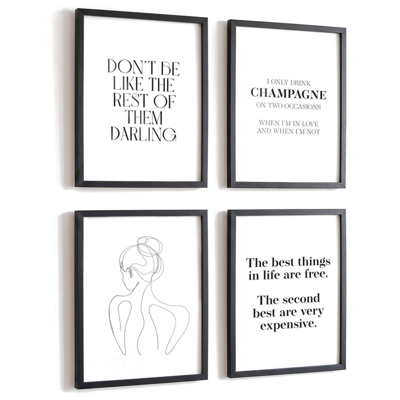 Spruchposter 4er-Set Coco Champagne in schwarzen Rahmen