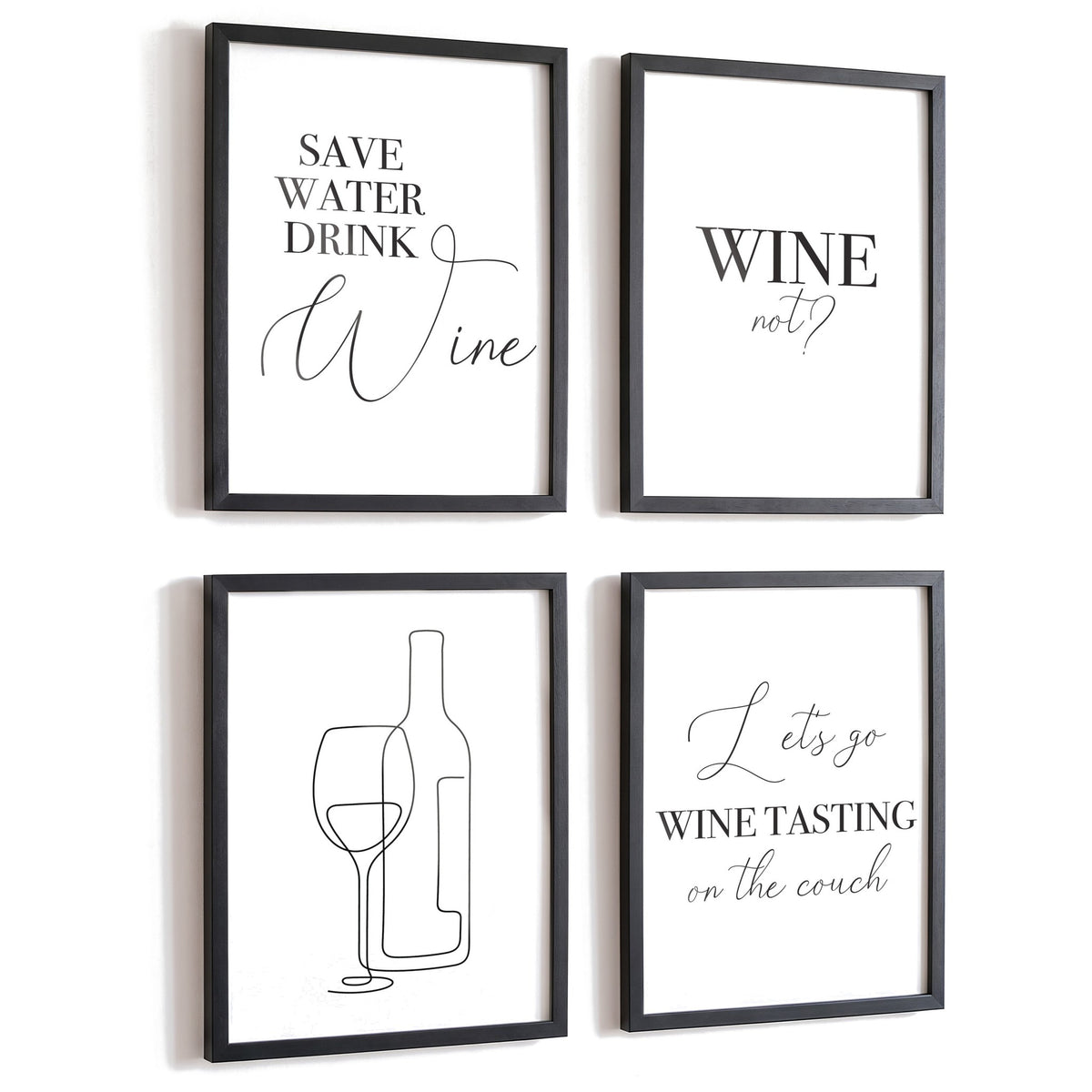 Spruchposter 4er-Set Wine in schwarzen Rahmen