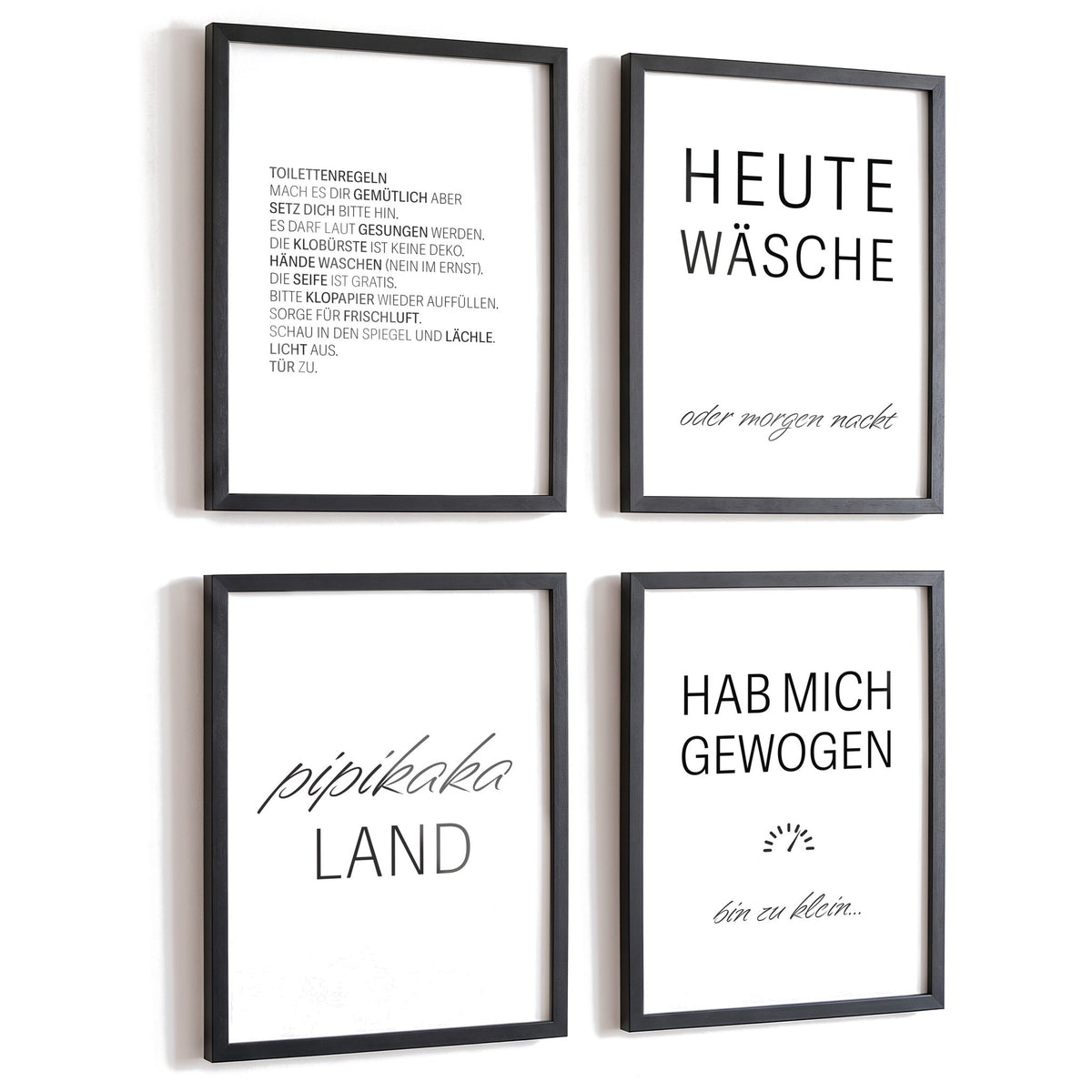 Spruchposter 4er-Set Badezimmer & WC in schwarzen Rahmen