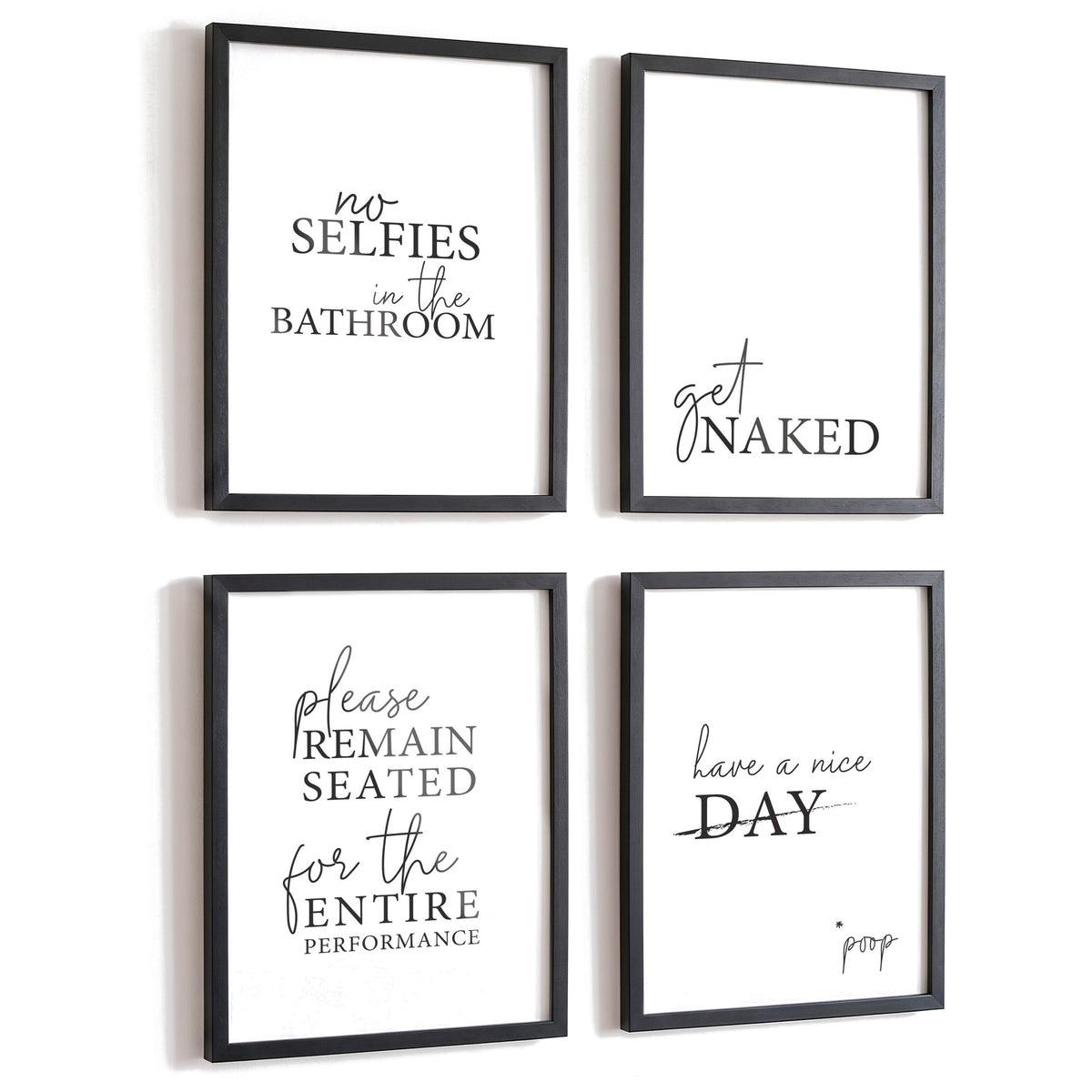 Spruchposter 4er-Set Bathroom in schwarzen Rahmen
