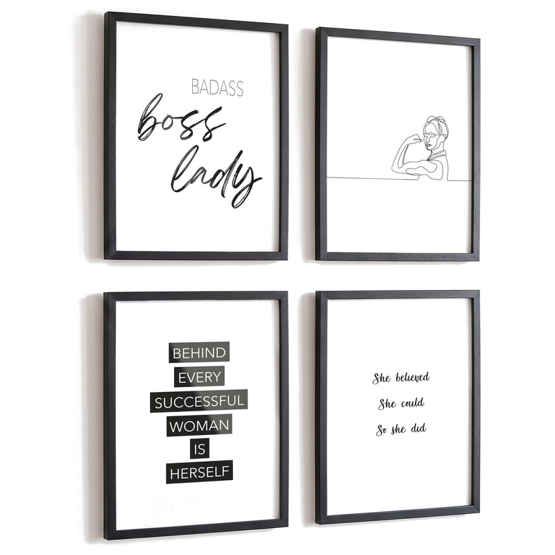 Spruchposter 4er-Set Boss Lady in schwarzen Rahmen