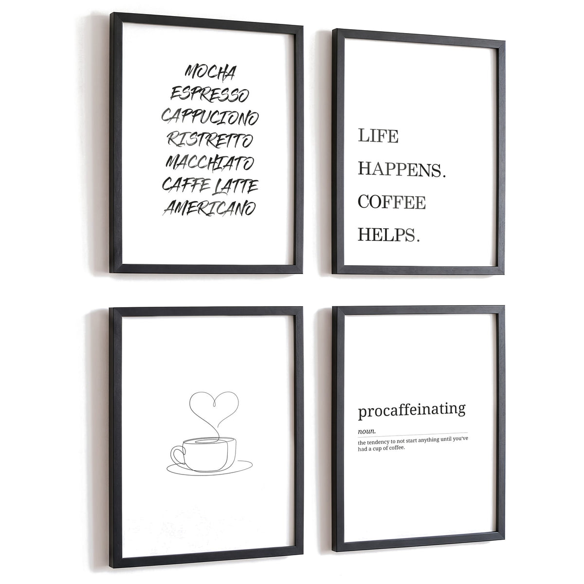 Spruchposter 4er-Set Coffee in schwarzen Rahmen