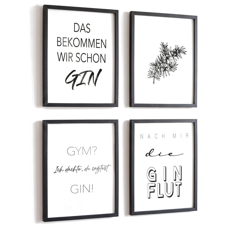Spruchposter 4er-Set Gin (deutsch) in schwarzen Rahmen