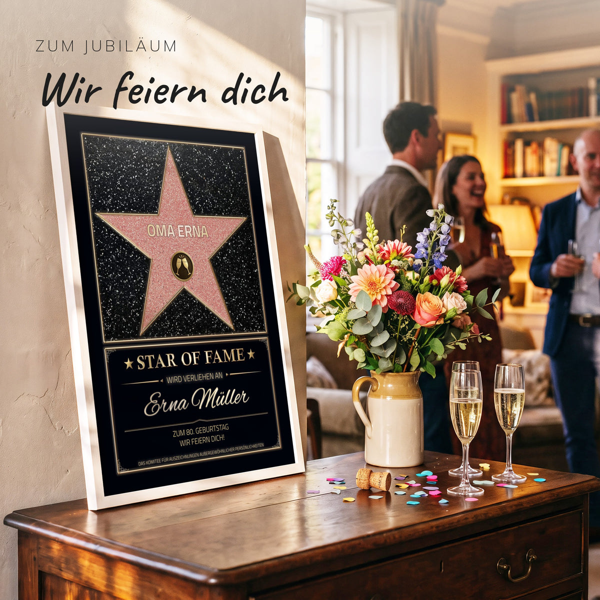 Star-of-Fame-Poster zum 80. Geburtstag mit Blumen und Gästen