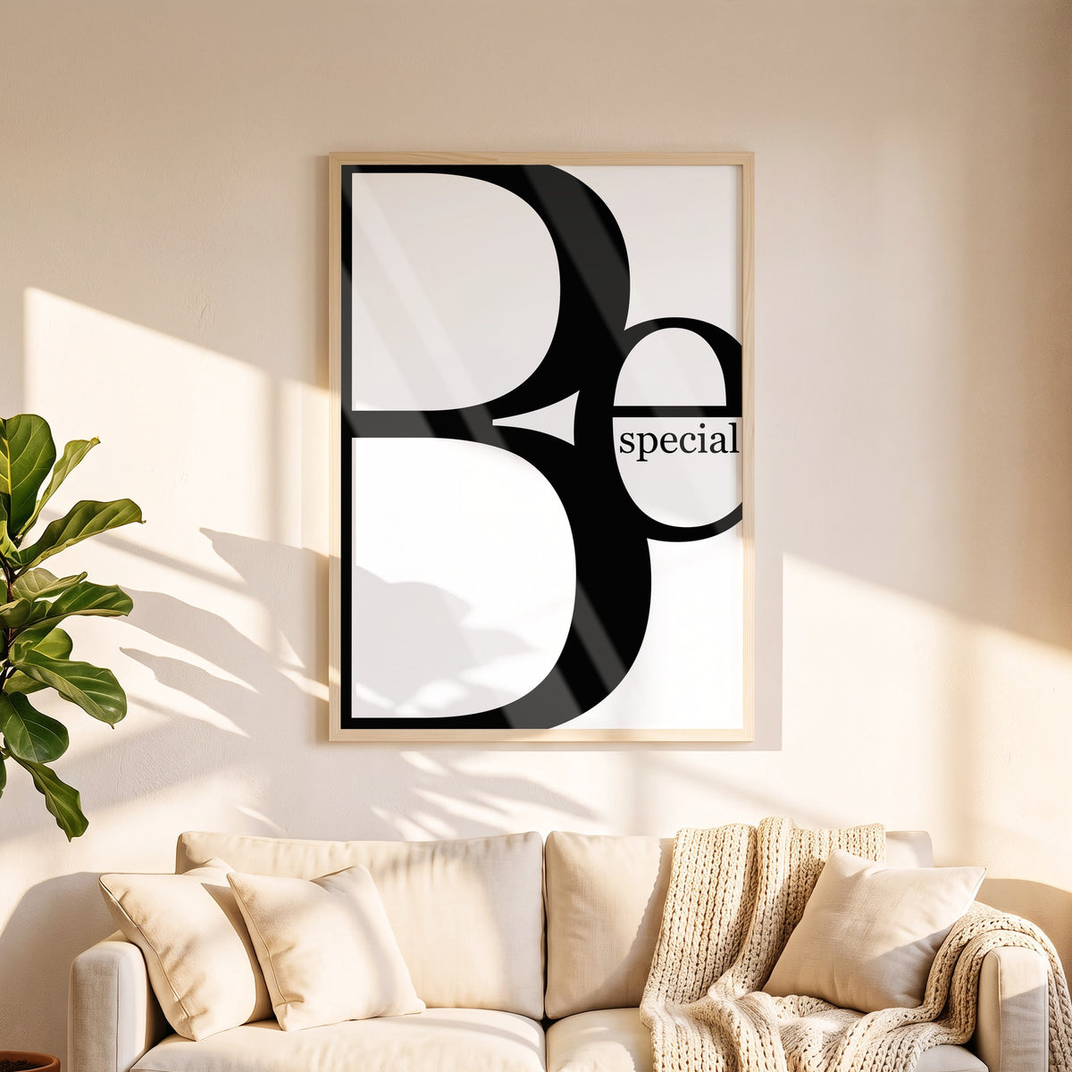 Poster Be Special in 50 x 70 cm über dem Sofa
