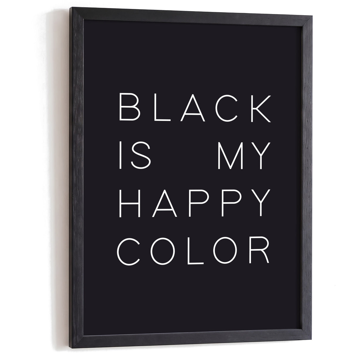 Typografie Poster Happy Color Black im schwarzen Holzrahmen