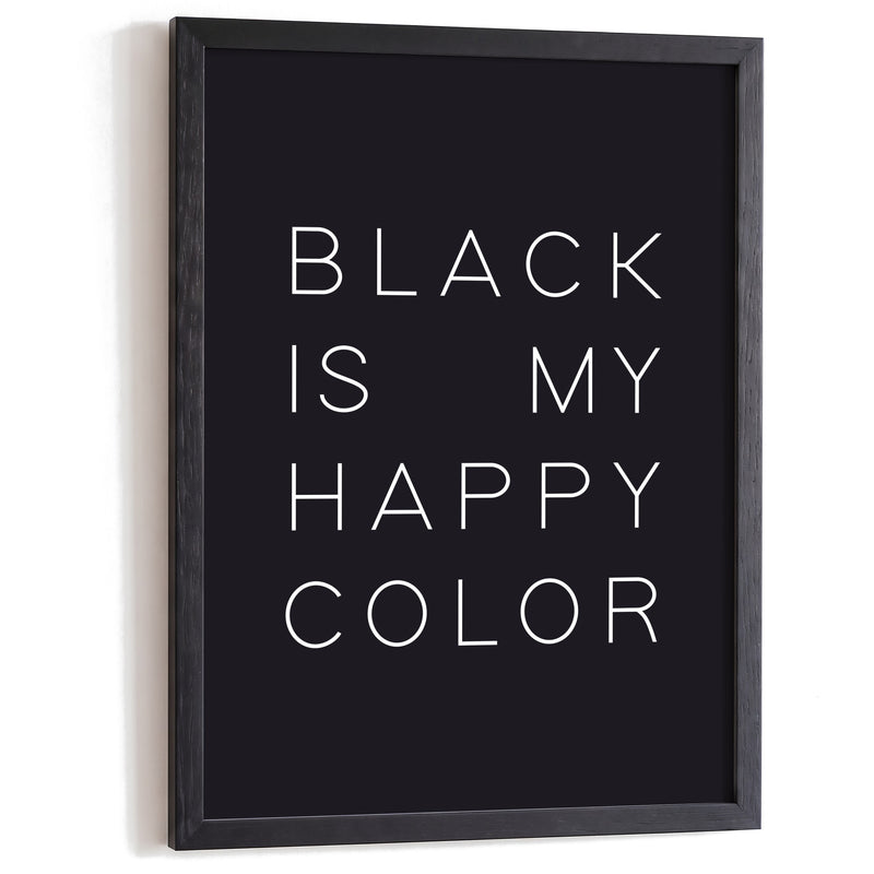 Typografie Poster Happy Color Black im schwarzen Holzrahmen