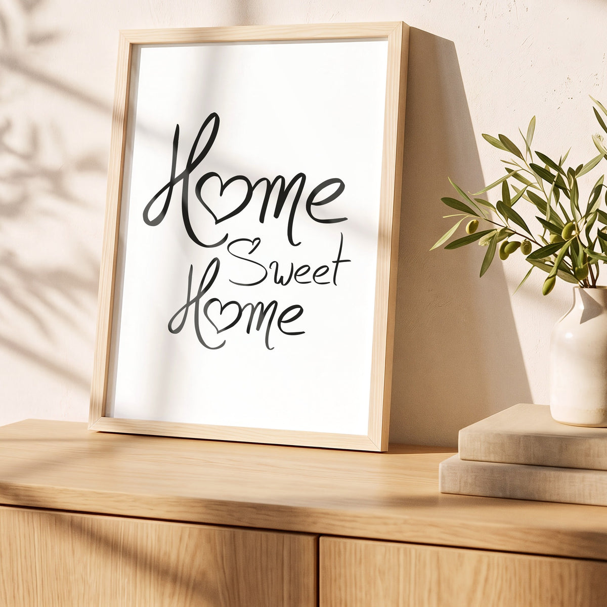 Poster Home Sweet Home im Holzrahmen auf einem Sideboard
