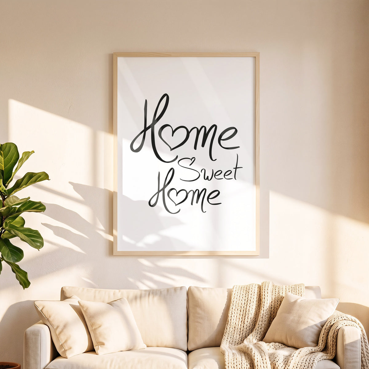 Poster Home Sweet Home in 50 x 70 cm über dem Sofa