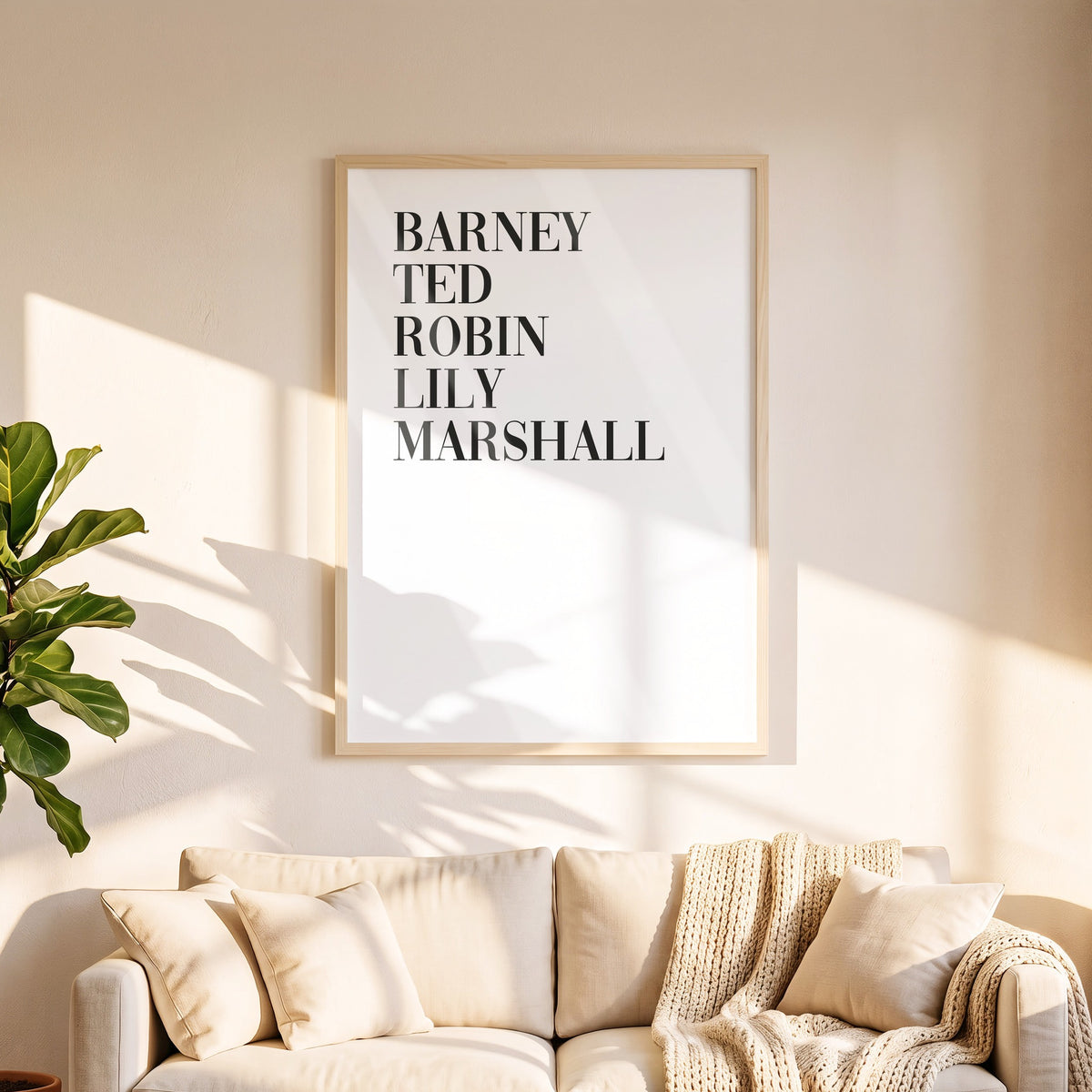 Poster Barney Ted Robin Lily Marshall in 50 x 70 cm über dem Sofa